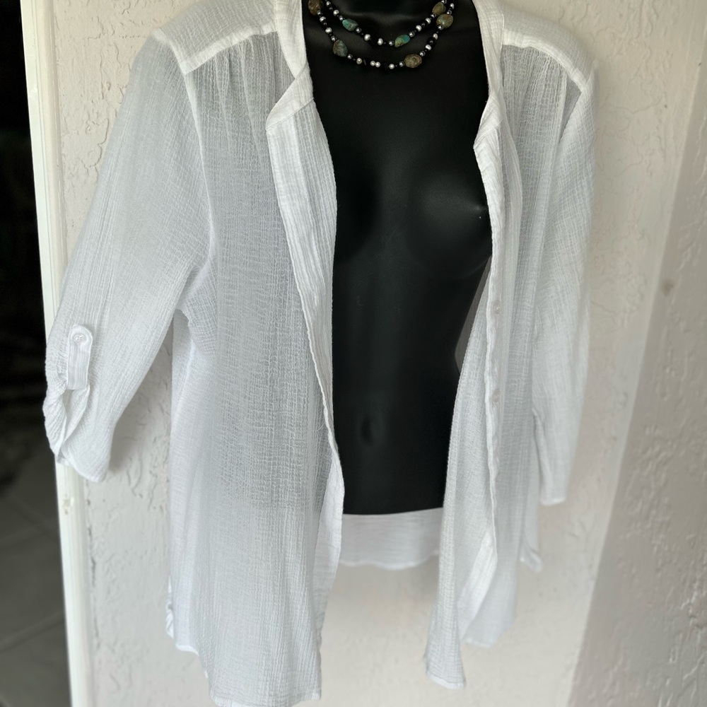 Chicos white button-down cover-up, size 3.